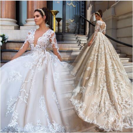2 In 1 Convertible Wedding Dresses Beautiful Discount Gorgeous Lace Ball Gown Wedding Dresses 2019 Y V Neck Appliques Sheer Long Sleeve Bride Gowns Vintage Vestido De Noiva Christian Wedding
