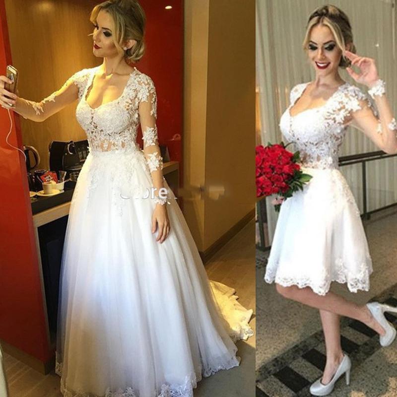 2nd Time Wedding Dresses New Vestido De Novia Two Pieces Long Sleeve Beach Wedding Dresses In E Detachable Bridal Gowns with Lace and Pearls Robe De Mariage 2019
