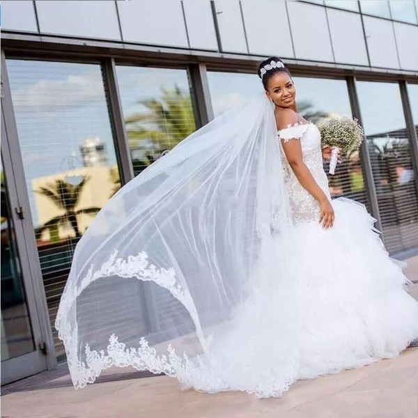 99 Dollar Wedding Dresses Beautiful African Nigeria Wedding Dresses F Shoulder Lace Appliques Tiered Skirts Ruffles Sweep Train 2019 formal Fashion Plus Size Bridal Gowns Discount