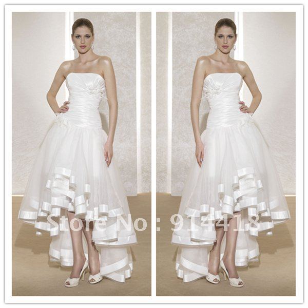 Custom High Low Wedding Dresses Strapless White Taffeta Organza Flowers Pleated Short Front Long Back Wedding