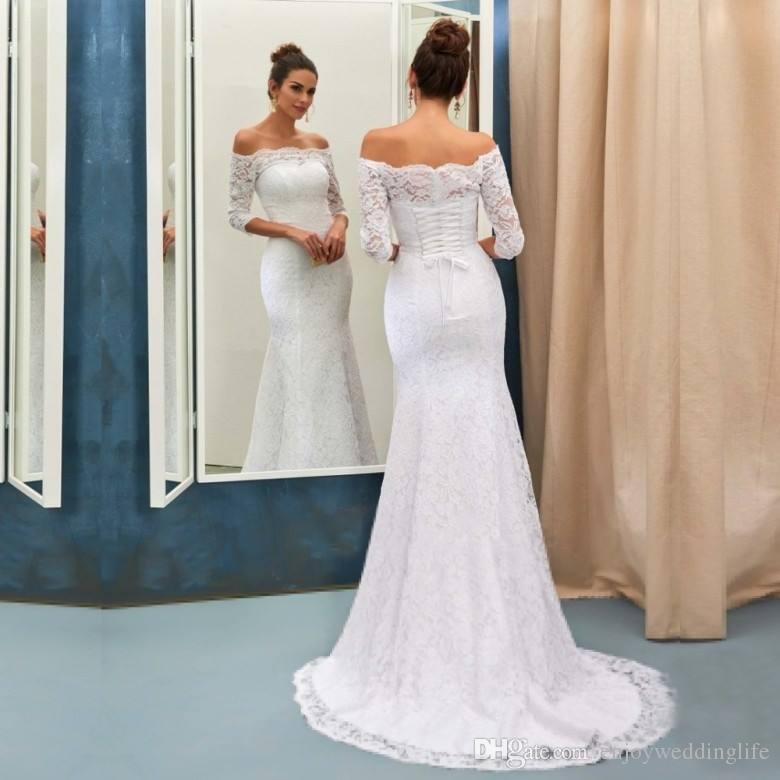 99 Wedding Dresses Unique Elegant Half Long Sleeves F the Shoulder Full Lace Mermaid Wedding Dresses Corset Back Bridal Gowns Long Sweep Train Wedding Gowns