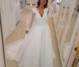 A Line Bridal Dress Elegant 2019 New Unique Design A Line Wedding Dresses Pearls Beaded V Neck Bridal Gowns with Long Sheer Sleeves Sweep Train Arabic Wedding Vestidos