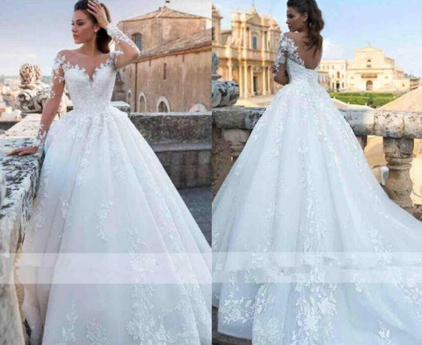 A Line Bridal Dresses Luxury Discount Romantic Elegant Ivory Full Lace Wedding Dresses 2019 Sheer Neck Long Sleeves A Line Tulle Wedding Bridal Gowns Corset Back Wedding Gowns