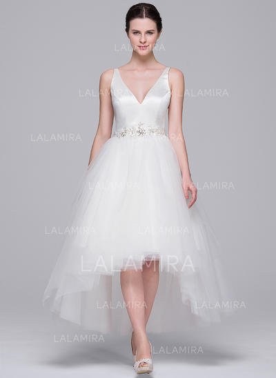 A Line Bridal Dresses Unique asymmetrical A Line Princess Satin Tulle Chic Wedding Dresses Sleeveless