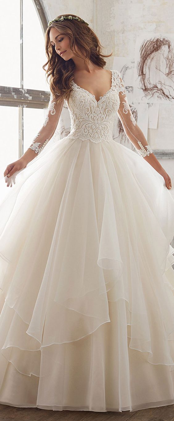A Line Bride Dresses Elegant Lavish Tulle & organza V Neck A Line Wedding Dresses with