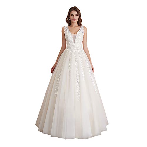 A Line Wedding Dress Slip Luxury Abaowedding Women S Wedding Dress for Bride Lace Applique evening Dress V Neck Straps Ball Gowns