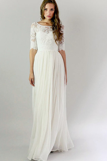 A Line Wedding Dresses Lace Beautiful Dazzling A Line 1 2 Sleeves Floor Length Lace Chiffon Wedding Dresses