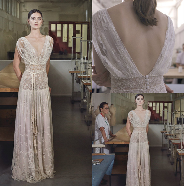 A Line Wedding Dresses with Sleeves Beautiful 2018 Collection Lihi Hod Boho Wedding Dresses Fashion Lace V Neck Cap Sleeve Elegant Country Bohemian Beach Bridal Gowns