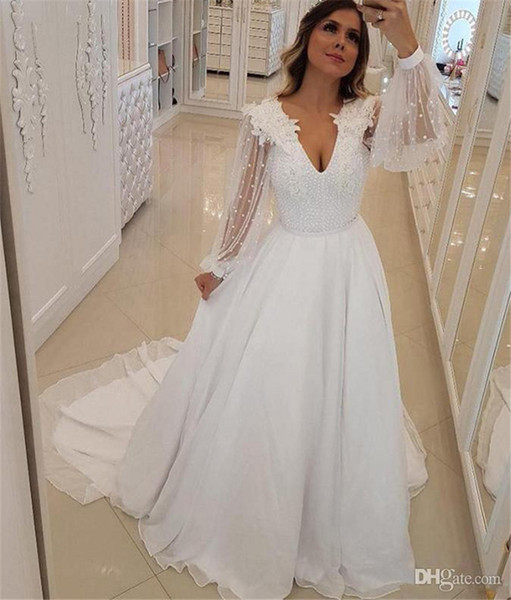 A Line Wedding Dresses with Sleeves Elegant Discount Deep V Neck A Line Wedding Dresses 2019 Pearls Beaded Bridal Gowns with Sheer Long Sleeves Sweep Train Arabic Wedding Gown Ivory Wedding
