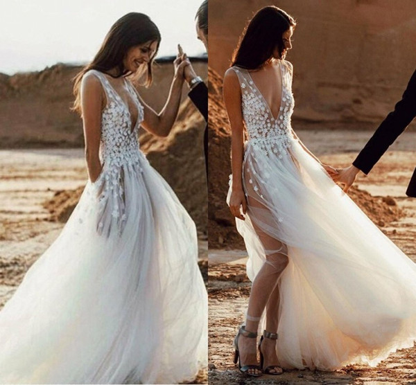 Affordable Beach Wedding Dresses Unique Discount 2019 Summer Boho Tulle Beach Wedding Dresses Deep V Neck Sheer See Through A Line Appliques Split Bridal Gowns Cheap Long Sleeve Wedding