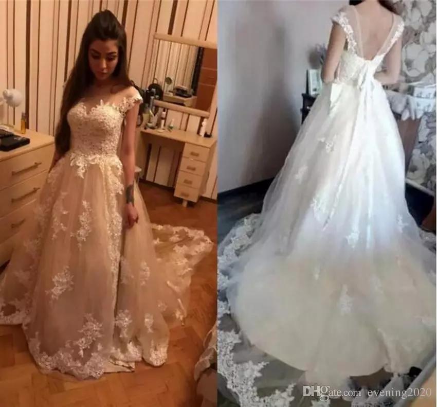 Affordable Bridal Dresses Elegant 2018 Elegant Lace A Line Wedding Dresses F Shoulder Appliques Sequins Princess Arabic Muslim Arab with Lace Up Wedding Gowns