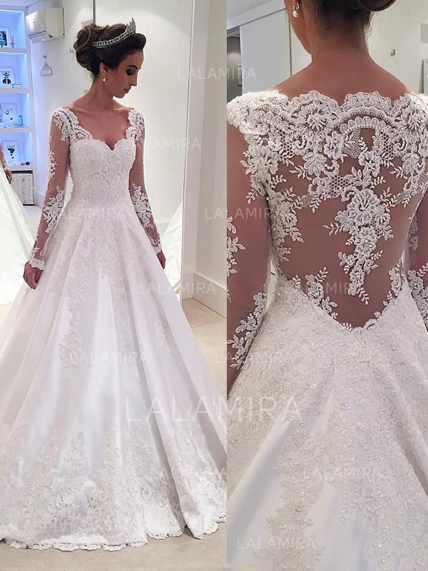 Affordable Wedding Gowns Lovely Ball Gown V Neck Court Train Satin Lace Wedding Dresses