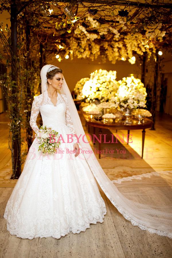2014 New Design Vestidos De Noiva White Long Sleeves High Collar Vintage Lace A Line Bridal Gown Winter Wedding Dresses Free Shipping BO3590