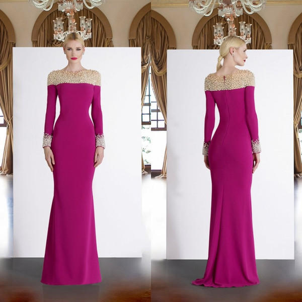 Afternoon Wedding Guest Dresses Luxury Fuchsia Long Sleeve Mother the Bride Dresses 2019 Beads Mermaid Wedding Guest Dress Pearls Satin Cheap evening Gowns Green Mother the Bride