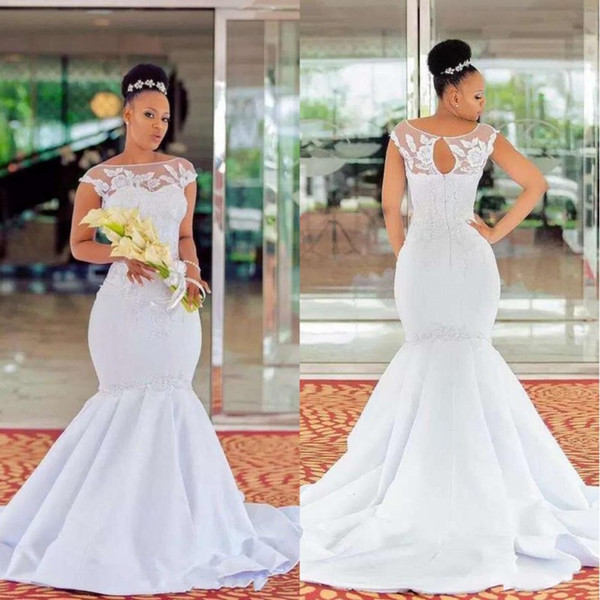Alfred Wedding Dresses New African Black Girls Mermaid Wedding Dresses 2019 Vestidos De Novia Bateau Cap Sleeves Lace Up Plus Size Bridal Wedding Gowns Alfred Wedding Dresses