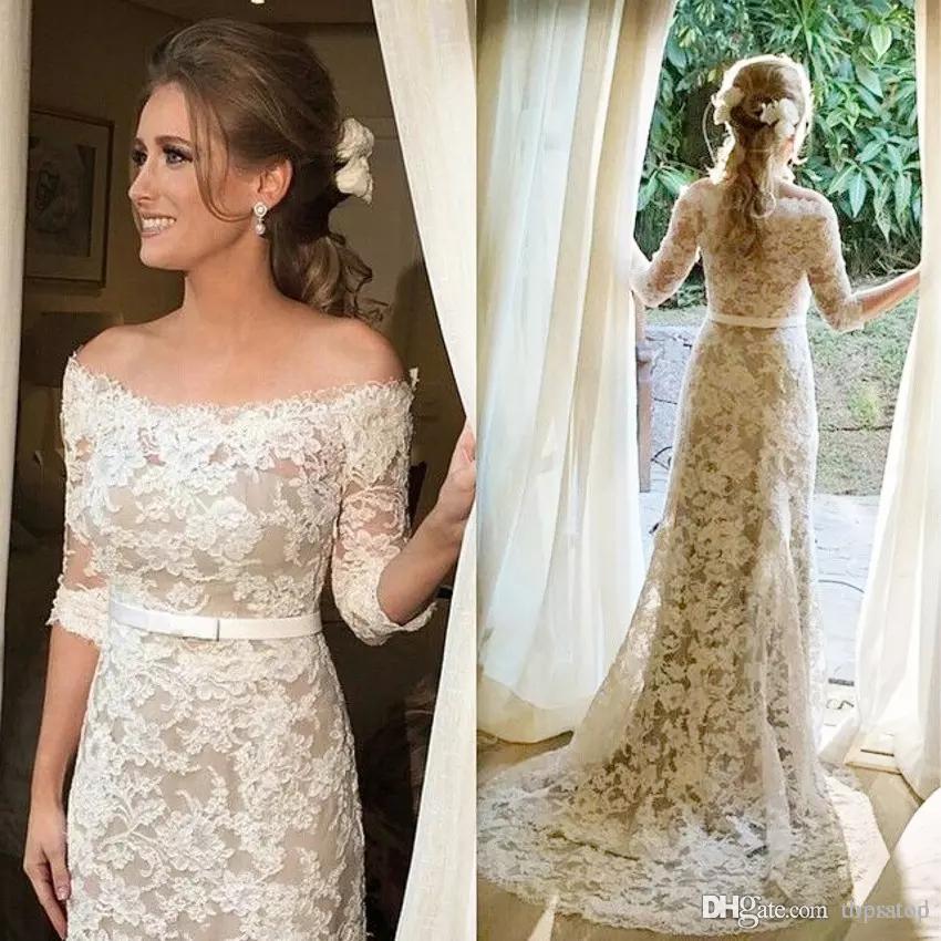 American Made Wedding Dresses Unique Full Lace Wedding Dresses Half Sleeve F Shoulder Champagne Lining 2018 Custom Made Garden Outdoor Plus Size Wedding Bridal Gowns Cheap