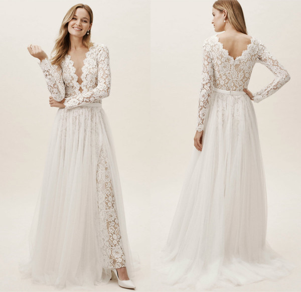 Anthropologie Wedding Dresses Unique Discount 2019 Bhldn Country Wedding Dresses with Detachable Overskirts V Neck Sweep Train A Line Long Sleeves Bridal Gowns Boho Wedding Dress Wedding