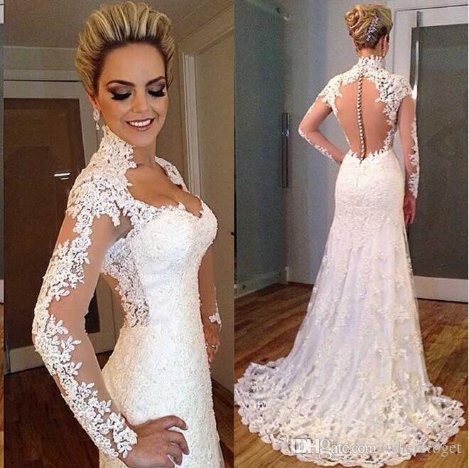 Antique Style Wedding Dresses Lovely Vintage Lace Wedding Dresses Mermaid Style High Neck Illusion Sweep Train Wedding Gowns Covered button Back Elegant Bridal Dress