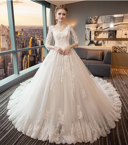 Autumnal Wedding Dresses New Discount Backless Wedding Dresses V Collar Long Sleeves Cathedral Wedding Dresses Bees Lace Decal Autumn and Winter Wedding Dresses Dh111 Simple