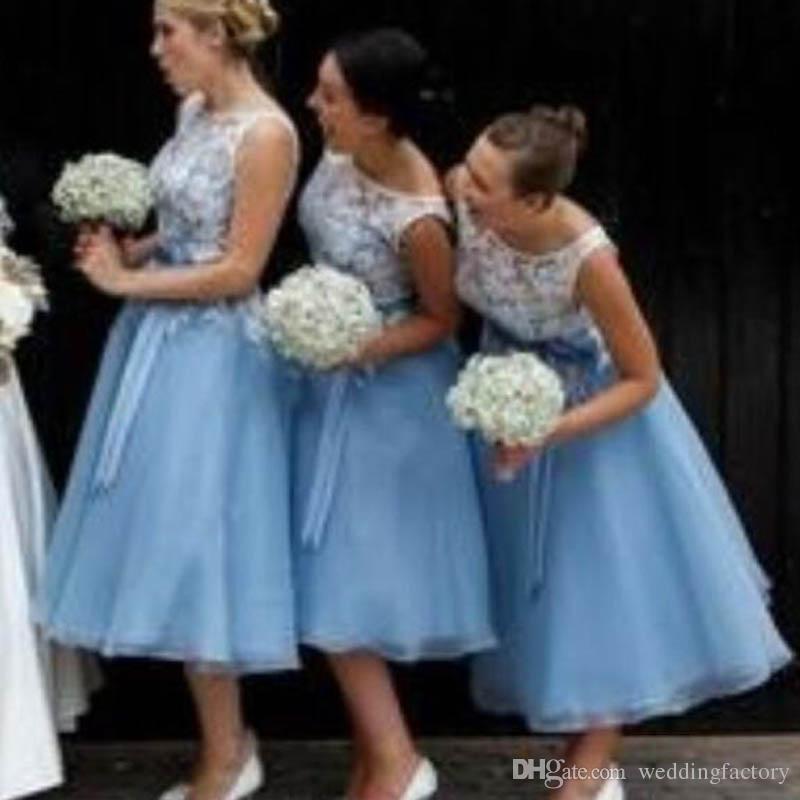 Baby Blue Wedding Dress Lovely 2017 Gorgeous Tea Length Bridesmaid Dress Sheer Lace Bateau Neck Sleeveless Light Blue Bridesmaids Dresses with Sash Custom Made Pretty Maids
