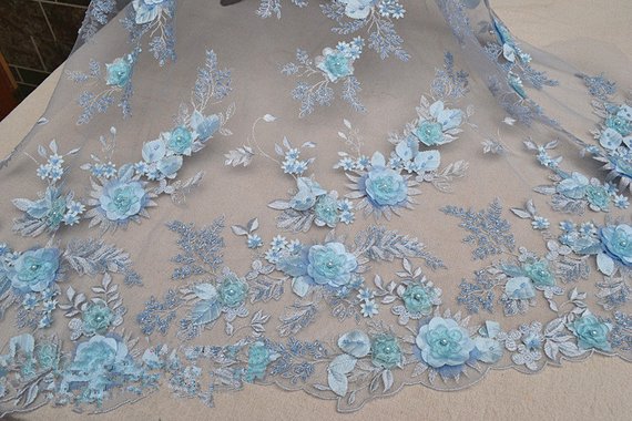 Baby Blue Wedding Lovely Blue Embroidery Lace Fabric with 3d Floral Europe Light