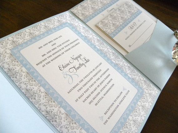 Baby Blue Wedding Lovely Silver & Light Blue Damask Invitation Pocket Suite with