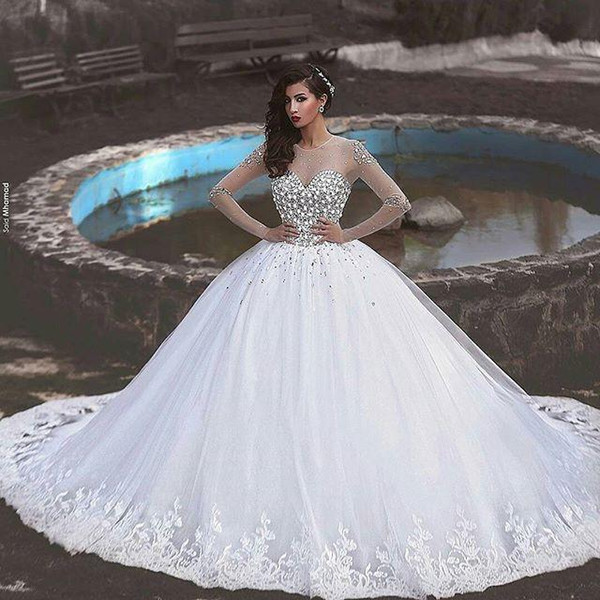 Ball Gown Wedding Dresses 2016 Luxury 2016 Said Mhamad Ball Gown Wedding Dresses Jewel Illusion Neck Long Sleeves Tulle Lace Crystal Beaded Arabic Plus Size Sheer New Bridal Gown Wedding