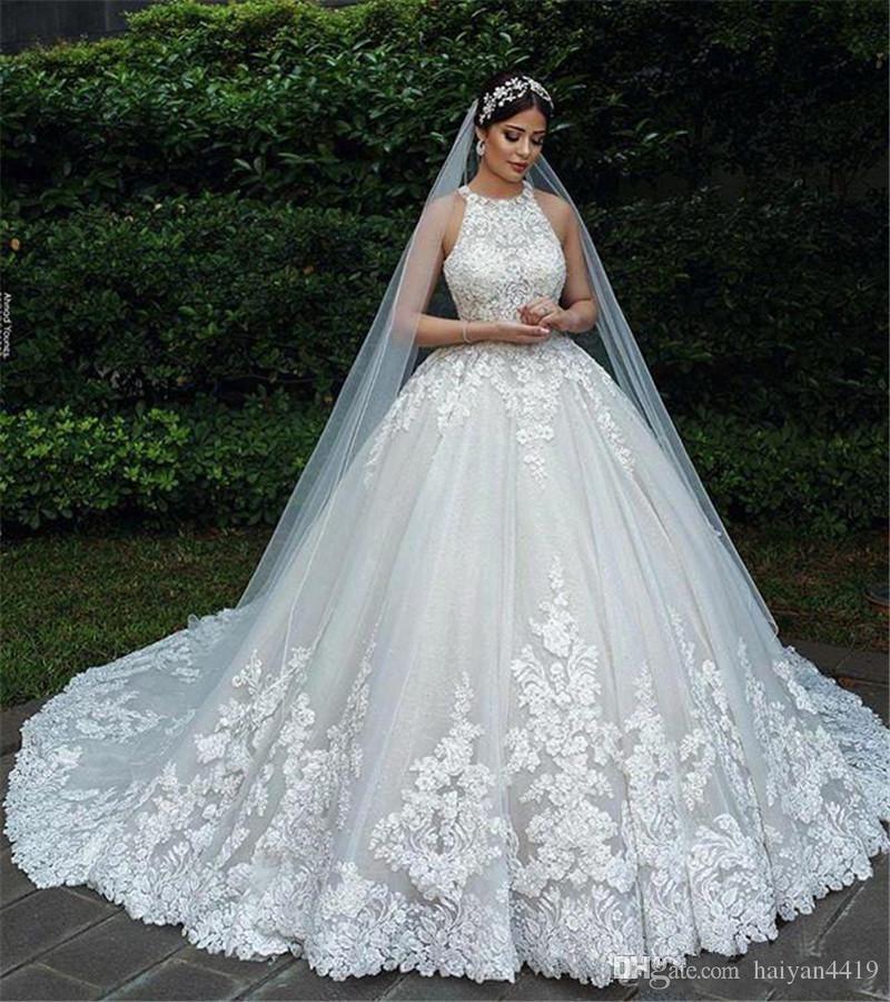 Ball Gowns Wedding Dresses Beautiful 2020 New Arabic Ball Gown Wedding Dresses Halter Neck Lace Appliques Beads Tulle Hollow Back Puffy Court Train Plus Size formal Bridal Gowns