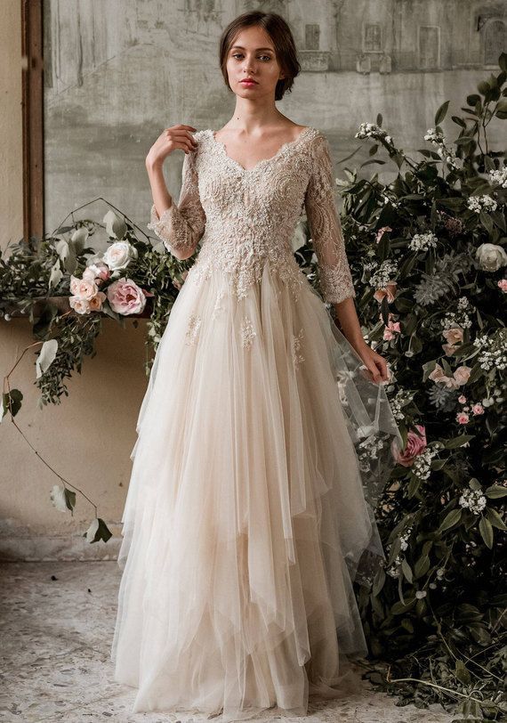 Beach Wedding Dresses with Sleeves Unique Champagne Bohemian Wedding Dress Boho Wedding Dress Long