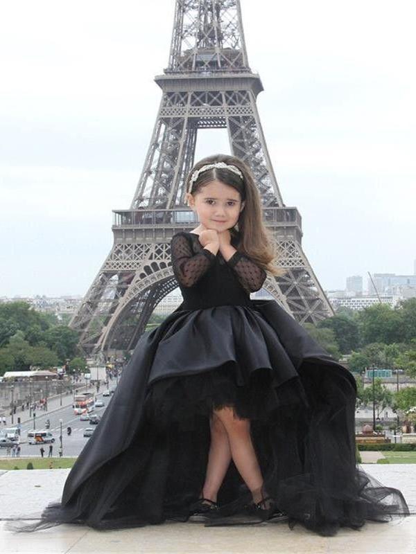 Long Sleeves Black High Low Flower Girl Dresses 1000x1000