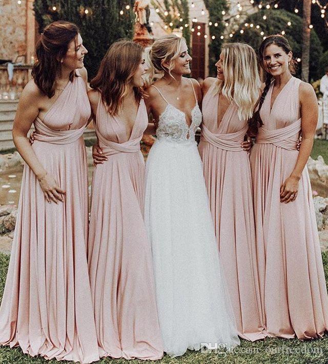 Beach Wedding Guest Dresses 2015 New 2019 Baby Pink Convertible Style Bridesmaid Dresses Pleats Floor Length Maid Honor Wedding Guest Gown formal evening Dresses Custom Made