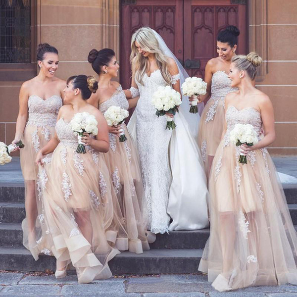 Beach Wedding Guest Dresses Plus Size Lovely Sweetheart Champagne Lace Tulle Bridesmaid Dresses Appliques Floor Length Plus Size Bridesmaid Gowns Custom Made Wedding Guest Dresses formal Dress