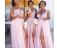 Beach Wedding Party Dresses Luxury Y Pink Chiffon Long Beach Country Bridesmaid Dresses Illusion top Floral Boat Neck formal Prom Dress Front Slit Maid Honor Gown Robes