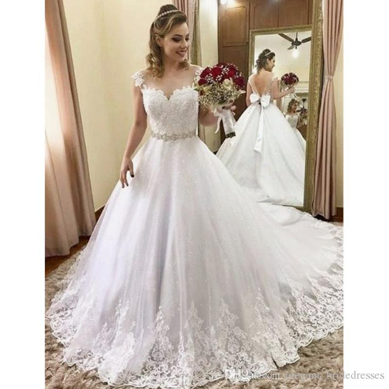 Beaded A Line Wedding Dresses New Discount Vintage Tulle Lace Sleeveless Bridal Gown 2019 Modern Sweetheart Neckline Open Back Beaded Sash A Line Wedding Dress with Bow Wedding Dresses