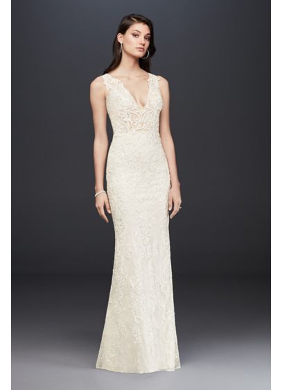 Beaded Bodice Wedding Dress Elegant Plunging Illusion Bodice Lace Wedding Dress