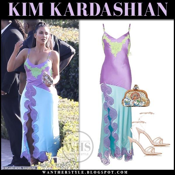 Beaded Slip Dress Beautiful Kim Kardashian Wears Purple and Pale Blue Silk Slip Dress