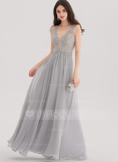 Beaded Slip Dress Elegant A Line Princess V Neck Floor Length Chiffon Prom Dresses with Beading