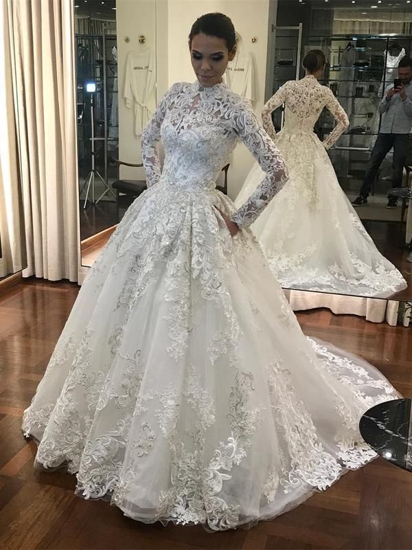 Beaded Wedding Dresses with Sleeves Luxury A Line High Neck Chapel Train Tulle Appliqued Beaded Wedding