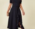 Best Dresses for Wedding Guest Elegant Bardot F Shoulder Frill Midi Dress Navy by Feverfish Product Photo