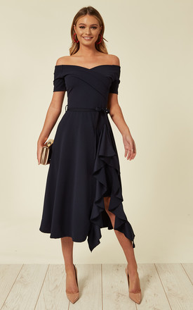 Best Dresses for Wedding Guest Elegant Bardot F Shoulder Frill Midi Dress Navy by Feverfish Product Photo