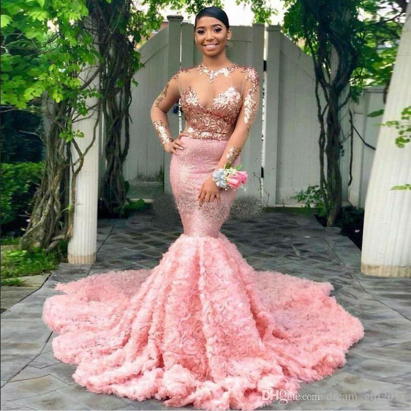 Best Gowns Lovely 2k19 Pink Mermaid Prom Dresses Sheer top with Appliques evening Gowns Illusion Long Sleeves Tulle Ruched Sweep Train formal Party Dress Prom Dress