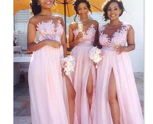 Best Online Bridesmaid Dresses Luxury Y Pink Chiffon Long Beach Country Bridesmaid Dresses Illusion top Floral Boat Neck formal Prom Dress Front Slit Maid Honor Gown Robes Navy Blue