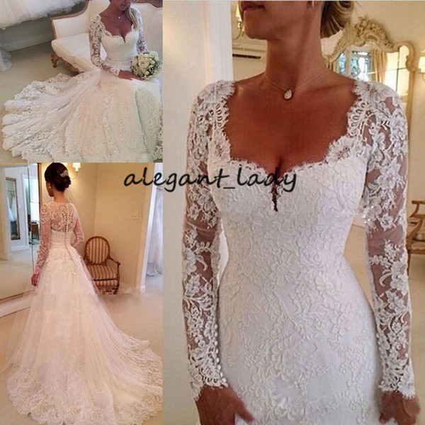 Best Wedding Dress for Petite Unique Vintage Sweetheart Wedding Dresses with Long Sleeve 2019 Retro Full Lace Applique Covered button Country Church Bridal Temple Wedding Gown Strapped