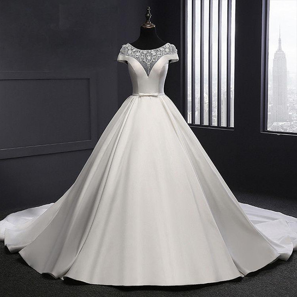 Black and White Wedding Dresses Plus Size New 2018 White Ivory Cathedral Train Satin Sequined Beading Cap Sleeves Wedding Dresses Bridal Gowns Custom Plus Size formal Occasion Pakistani Wedding