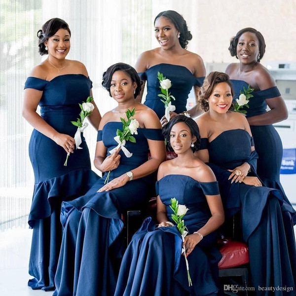 Black Bridesmaid Dresses New African Navy Blue Mermaid Bridesmaid Dresses with Cascading Ruffles F Shoulder Satin Long Bridesmaid Gowns Wedding Guest Dresses Plus Size Wedding