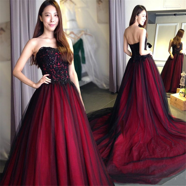 Black Dresses for Wedding Beautiful Discount Gothic Black and Burgundy Wedding Dresses Latest 2019 Sweetheart Strapless top Lace Sequins Beads Court Train Vintage Corset Bridal Gowns