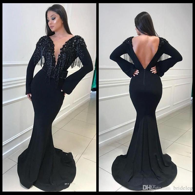 Black Gowns Cheap Awesome Popular Tassel Black Mermaid Prom Dresses 2019 Vintage Long Sleeves Deep V Neck Open Back evening Gowns with Beading