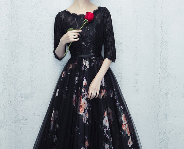 Black Gowns Cheap Awesome Stunning Black Lace evening Dresses Scoop Three Quarter Sleeves Floor Length Zipper Back Prom Dresses Floral Printing evening Gowns Cheap Gowns Dress