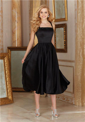Black Knee Length Bridesmaid Dress New Zipper A Line Ruched Sleeveless Tea Length Straps Black