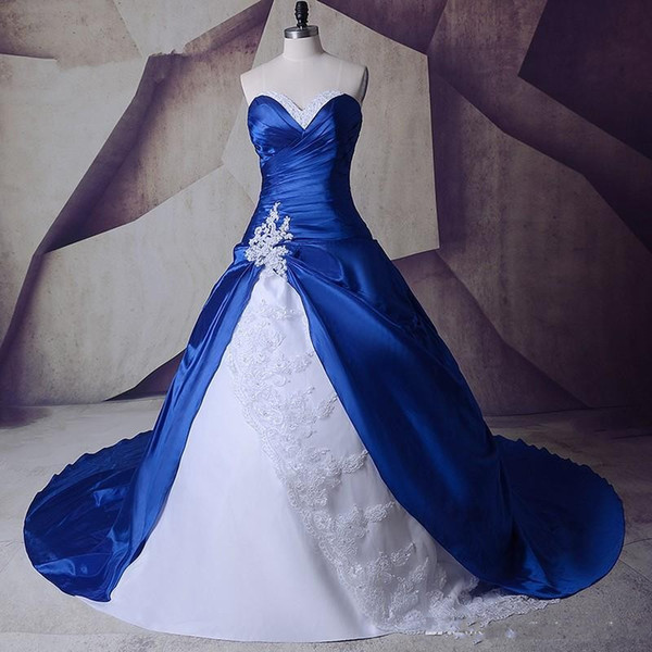 Blue Wedding Gowns Awesome Discount Fashionable White and Royal Blue Wedding Dresses 2019 A Line Lace Taffeta Appliques Beads Custom Made Crystal Bridal Gowns Classic A Line
